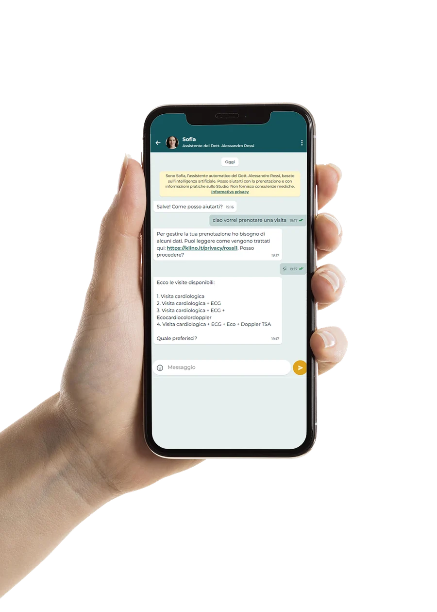 Chat con Sofia sul telefono: il paziente chiede di prenotare e Sofia propone le visite disponibili