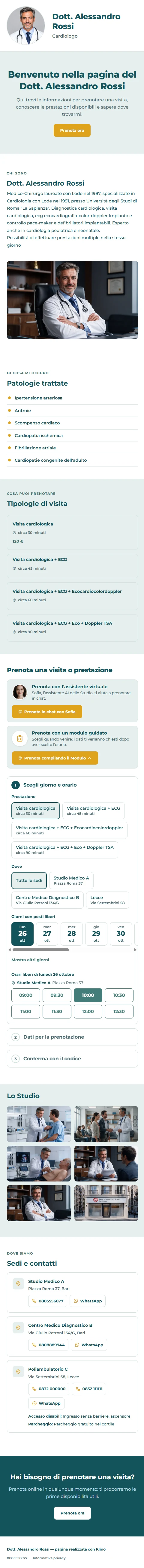 Pagina completa del Dott. Alessandro Rossi sul telefono: presentazione, curriculum, patologie trattate, tipologie di visita, prenotazione con Sofia o con il modulo guidato, foto dello Studio, sedi e contatti