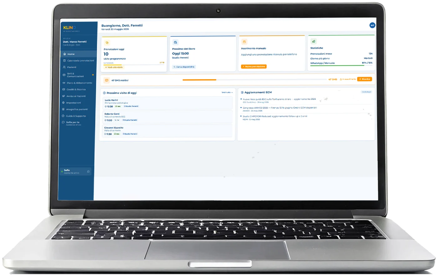 La dashboard di Klinomed sul portatile: prenotazioni di oggi, prossimo orario libero, inserimento manuale e statistiche