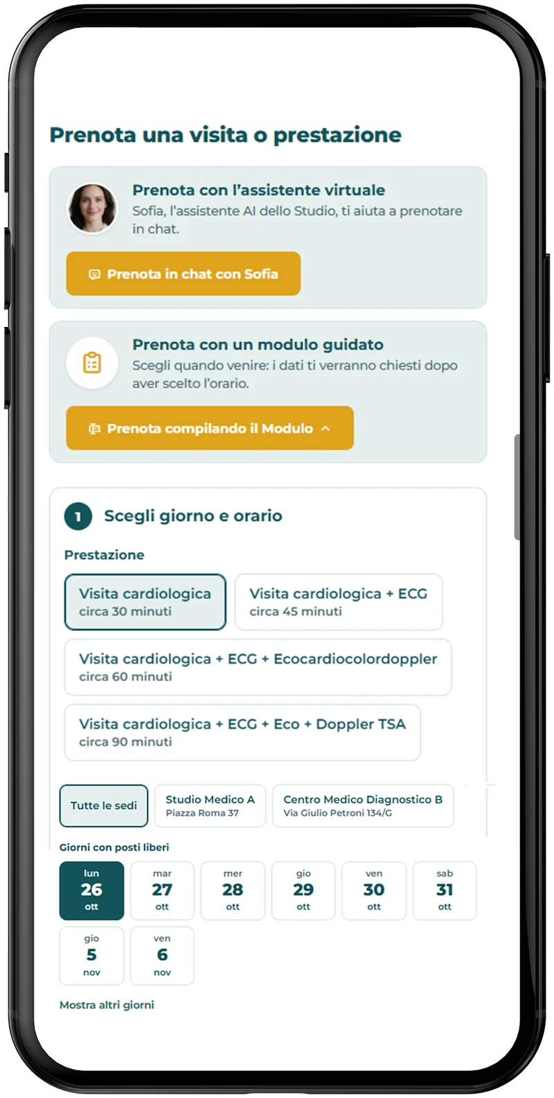 Modulo di prenotazione sul telefono: scelta della prestazione, della sede e del giorno
